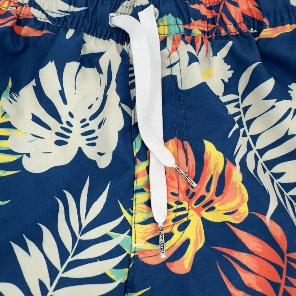 Tipsyelves Casual Tropical Floral Swim Trunks Men's Navy Blue Drawstring Pockets